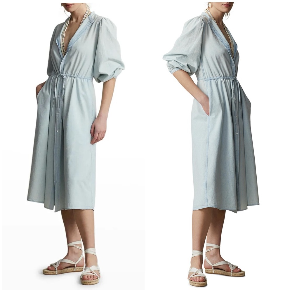 Polo Ralph Lauren Cotton Chambray Elie Midi Dress Size 12 Large Preppy Old Money